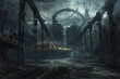 A gloomy abandoned circus with a striped dome amidst a dilapidated amusement park in grim blue-gray tones