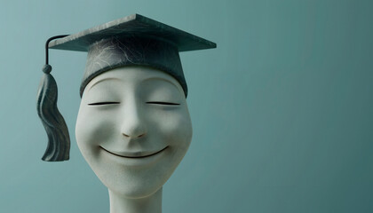 Wall Mural - A depiction of a jubilant human (head)sculpture wearing a graduation cap, symbolizing the completion of education and the joy of success,on a green background,copy space