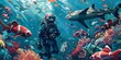 A man in a diving suit is surrounded by a variety of fish in a colorful underwater scene. Scene is lively and vibrant, with the bright colors of the fish