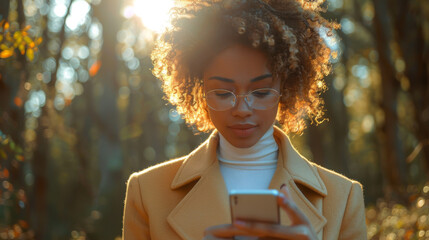 Wall Mural - A happy elegant young woman stands and uses her phone to type an important message. A businesswoman using technologies outdoors.