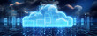 cloud computing technology concept transfer database to cloud. There is a prominent large cloud icon in the center and a small white icon on the connected polygons with a dark blue background.