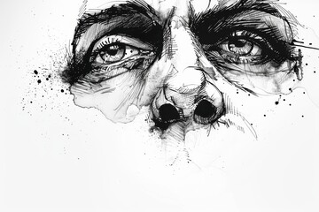 Aufkleber - Black ink splashes and droplets scattered randomly on a clean white background, creating an abstract pattern