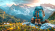 Hiking Backpack and Boots on Alpine Meadow with Mountain in the Background