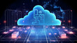 cloud computing technology concept transfer database to cloud. There is a prominent large cloud icon in the center and a small white icon on the connected polygons with a dark blue background.
