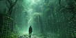 A man is walking through a forest with a lot of green trees and a lot of light