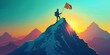 A man is standing on top of a mountain with a flag in his hand. The flag is orange and white. The sky is blue and the sun is setting. Concept of accomplishment and triumph
