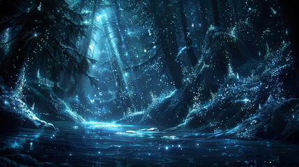 A dark forest with a body of water in the foreground. The water is illuminated by a blue light, creating a serene and peaceful atmosphere