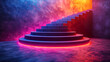 Stairs as a podium for product presentation with glowing neon lighting. Futuristic blank mockup.