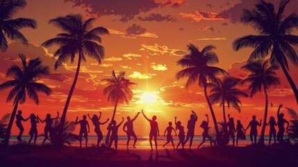 Wall Mural - Group of People Standing on Top of a Beach Under Palm Trees