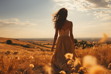 A woman is walking in a field of yellow flowers