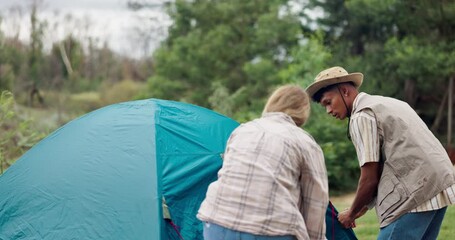 Poster - Camping, couple and pitch tent for travel on holiday, vacation and interracial people in nature outdoor. Campsite, man and woman setup together, talking and help with preparation in the countryside