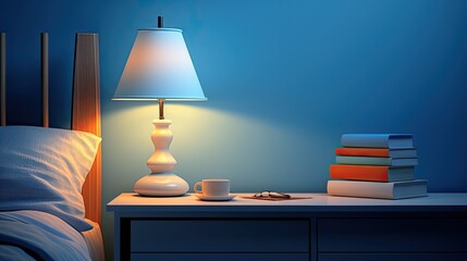 Wall Mural - Pastel blue nightstand with lamp and a stack of pastel-covered journals.