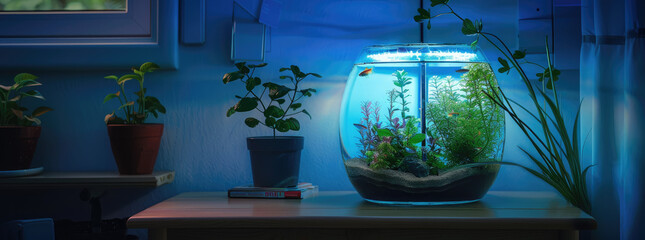 Blue minimalist home scene, a clean small fish tank on the table, with a sense of space, realism, realistic