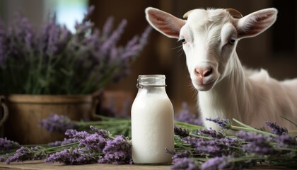 Goat stands near the table with healthy goat milk and lavender sprigs. Home farming and proper nutrition.