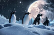 a studio shot of a closeup of A group of realistic young cute looking penguins with a giant moon at the background and snow with icebergs