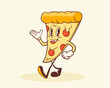 Groovy Pizza Retro Character. Cartoon Food Slice Walking and Smiling. Vector Fastfood Mascot Template. Happy Vintage Cool Illustration Isolated