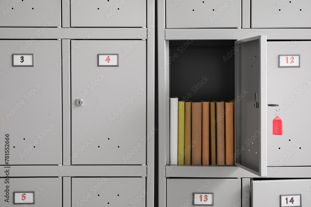Modern locker with books at school, closeup