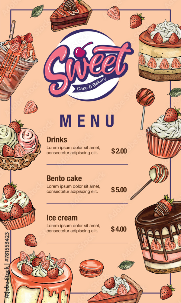Hand drawn vector template of menu with desserts, sweets and bakery ...