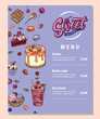 Hand drawn vector template of menu with desserts, sweets and bakery products. Design with sketch cake, cupcake, macaroons,  bento cake