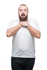 Sticker - Young caucasian hipster man wearing casual t-shirt over isolated background shouting and suffocate because painful strangle. Health problem. Asphyxiate and suicide concept.