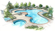 Resort Swimming Pool Concept Sketch with Luxurious Landscape Design