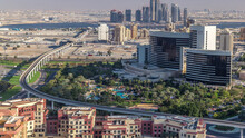 View Of New Modern Buildings And High Traffic In Luxury Dubai City, United Arab Emirates Timelapse Aerial