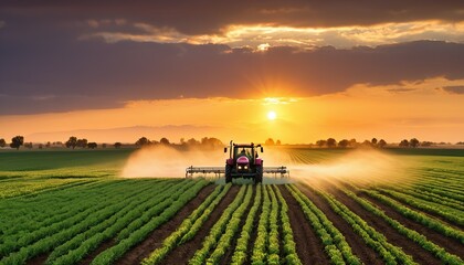 tractor sprays fertilizer on agricultural plants on the rapeseed field, agricultural crop at sunset with information infographic data for agriculture industry and food supply production concepts.