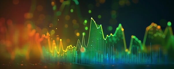 Wall Mural - Stock market graph: Colourful candlestick charts on dark background with green upward trend lines for financial data visualization, closeup, wide angle, depth of field, gradient background