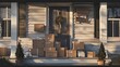 a home front porch overwhelmed by a chaotic stack of boxes, depicting the frenzy of deliveries and modern living.
