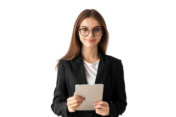 Studio portrait company worker beautiful young Caucasian woman with an attractive smile wearing casual outfits and holding digital tablet, isolated on transparent png background.