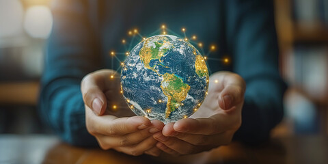 Global communication network concept, hands holding globe