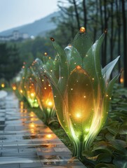 Poster - In eco cities, bioengineered plant lights are illuminating streets, replacing traditional streetlamps for a greener future.