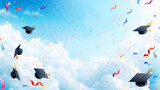 Fototapeta Sypialnia - Graduation caps with tassels thrown into the blue sky with clouds and colorful candy. joyful holiday invitation background with copy space
