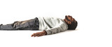 Fototapeta Uliczki - Black African American Man Sleeping concept. Eyes closed. White shirt and jean pants. Bearded man. Laying on the isolated white background. Can also represent Fainted, dead, relaxed, relaxation, drunk