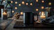 a black mug on a dark polished rosewood slab, accompanied by home accessories and decorative lights, with the focus on the mug filling most of the frame, complemented by a flat-laid metal spoon.