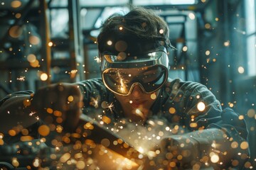 Aufkleber - Intense scene of a skilled welder at work, with sparks flying in a dimly lit workshop,capturing the raw energy of manual labor