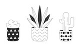 Fototapeta Dinusie - Exotic houseplants in flowerpots black and white 2D line cartoon objects set. Home garden plants growing isolated vector outline items collection. Interior design monochromatic flat spot illustrations