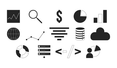 Analytics database management black and white 2D line cartoon objects set. Planning, charts, cloud storage isolated vector outline items collection. Data analysis monochromatic flat spot illustrations