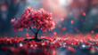 A tree with red leaves is in the foreground of a blurry background