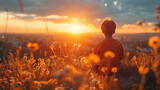 Fototapeta Tulipany - A young boy sits in a field of flowers, watching the sun set