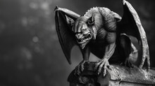 A Black And White Photo Of An Aggressive Gargoyle. Statue With Copy Space For Text. The Image Has A Dark And Ominous Mood, With The Gargoyle Looking Menacing And Ready To Attack