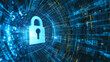 © ChaoticDesignStudio - Digital padlock symbolizing cybersecurity within a blue abstract data tunnel