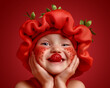 Little girl dressed as a strawberry with a joyful expression over red background