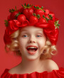 Excited girl with a strawberry hat and a bright red dress, close up