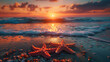 Two red starfish laying on the beach at sunset