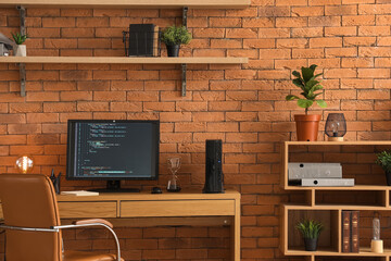 Wall Mural - interior of modern office with programmer's workplace and shelves