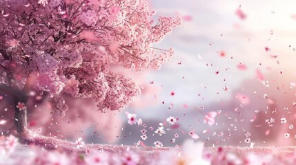 Sticker - Pink petals cascading from tree in meadow