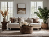 Fototapeta Kwiaty - White sofa, wicker vase with pampas grass, and rustic décor against a whitewashed wall with space for creativity