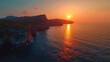 Panoramic sunrise view from hiking trail Path of the Gods between Positano and Praiano at Amalfi Coast, Campania, Italy, Europe. Calm water surface reflecting sun ray at Tyrrhenian Mediterranean Sea