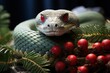 A green snake with red eyes is coiled around a branch with red berries and pine needles. Symbol of 2025.